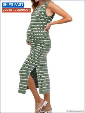 Sleeveless Striped Bodycon Midi Sweater Dress Side Slit